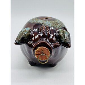 Vintage 1957 Hull Corky Pig Bank Brown/Turquoise drip w / Original Cork Stopper